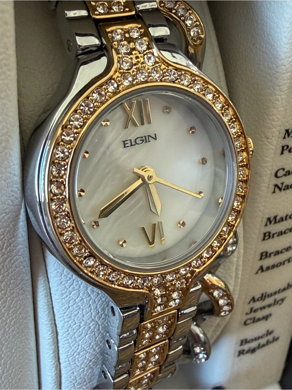 NEW! Elgin Crystal Watch Mother of Pearl Watch 23.5mm + Matching Bracelet NIB - Picture 4 of 7